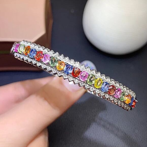 Vintage Natural Multicolor Sapphire Bangle Bracelet - Picture 3 of 5